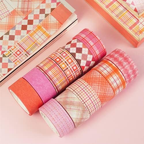 Basic Grid Washi Tape Set 12 Rolls Plaid Decorative Masking Tapes for Arts, DIY Crafts, Journals, Planners, Scrapbook, Wrapping (Pink)