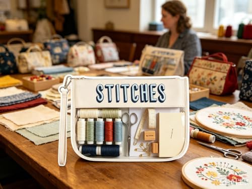 RF REENFAYA Clear Zipper Project Pouch for Needlepoint & Embroidery-Beige/Navy