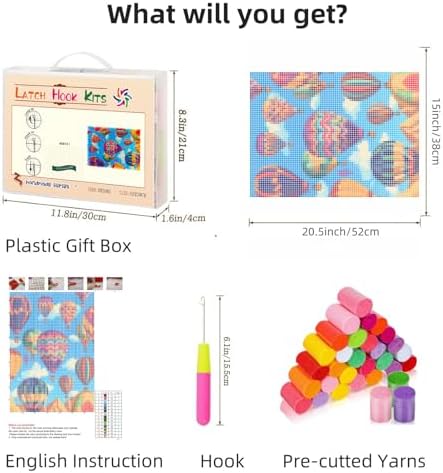 Latch Hook Rug Kit Colorful Hot Air Balloons Pre-Printed Handmade Carpet Crochet Yarn Craft DIY Hook and Latch Door Mat Tapestry for Home Floor Decoration 52x38cm-1