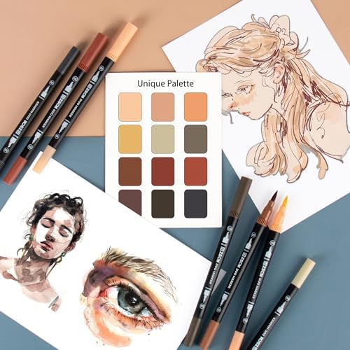ZSCM QUALITY DECIDES THE FUTURE Skin Tone Duo Tip Marker Pens, 12 Fine & Brush Tip Pen For Adult Coloring Books