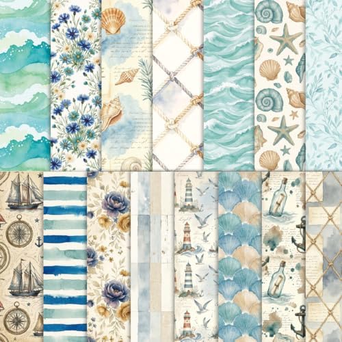 30 Sheets Coastal Beach Scrapbook Paper Supplies, Blue Ocean White Marine Life Decorative Collage Scrapbooking Paper Decoupage for DIY Crafting Project Junk Journals Card Making 7.9x5.5 Inch