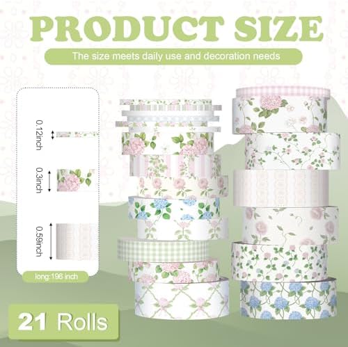 Colarr 21 Rolls Watercolor Floral Washi Tape Set 6 Yard Spring Flower Decorative Masking Tape for Craft DIY Arts Scrapbook Journaling Supplies Gift Wrapping, 3 Sizes(Garden)
