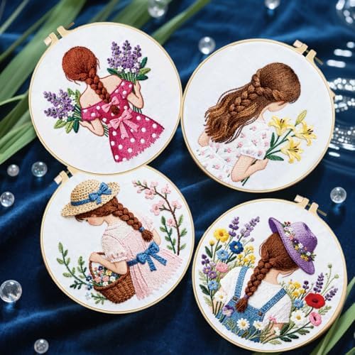 FREEBLOSS 4 Set Embroidery Kit Girl Pattern Stamped Embroidery Starter Kit with Step By Step Instructions, Colored Threads, 2 Hoops, Needlepoint Kits for Hand Craft Lovers Gift, 30cm/11.8inch