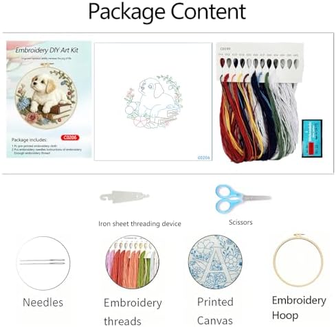 Zhenqing Dog on Books Embroidery Kit for Beginners, Pre-Printed 29x29cm Circular Cotton Fabric with 20cm Hoop, Cozy Pet and Hydrangea Floral Design for Home Decor (C0206)