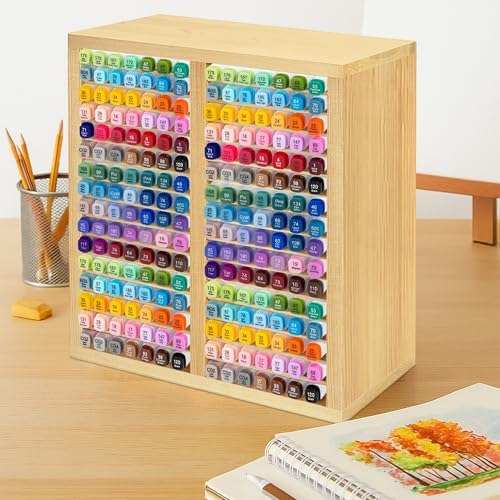 PROLEE Marker Organizer for 224 Markers, Wooden Alcohol Marker Holder with 32 Compartments, Horizontal Art Pen and Pencil Storage Rack for Desk, Classroom and Studio, Natural