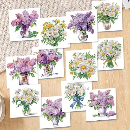C'eitura Diamond Art Painting Greeting Cards 12 Pack DIY 5D Lilac Daisy Floral Rhinestone Mosaic Folded Cards, Handmade Craft Gift Adults Women Birthday Mothers Day
