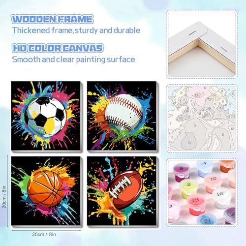 bleihum 4 Pack Paint by Numbers Kit for Kids with Frame Wooden Easel 8x8In | Easy Paint by Number Kids Sports, DIY Acrylic Oil Football Painting by Numbers for Home Wall Decor