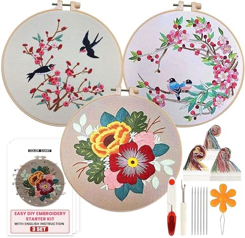 The ZenStore Birds & Flowers Embroidery Kit for Adults – Beginner DIY Hand Embroidery Set with Hoop, Stamped Fabric, Thread & Needles – Floral and Plant Pattern Sewing Craft Kit for Women & Teens