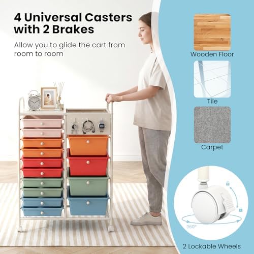 GOFLAME 14-Drawer Rolling Storage Cart with Pegboard, Craft Storage Cart with Lockable Wheels and Metal Frame, Art Cart Supply Storage Organizer for Home Office Classroom, Macaron Color