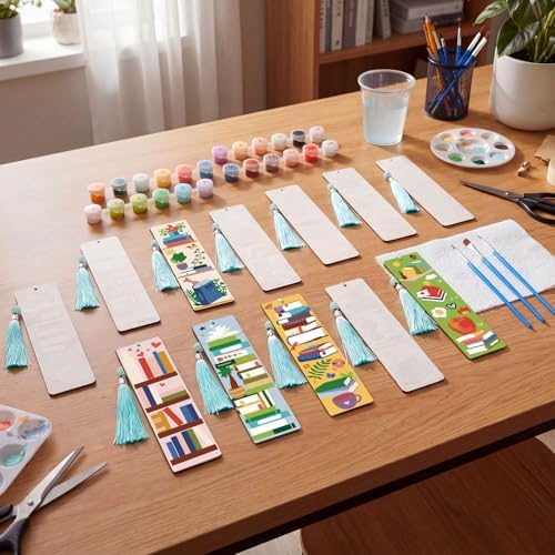 Kosiz 12 Pcs Book Paint by Number Kit for Adult Wood Bookmark | Mini Paint by Numbers Kit, Painting Decor, Back to School Tassels Blank Bookmark, for Small DIY Craft Book Lovers Gift 7x2 ''