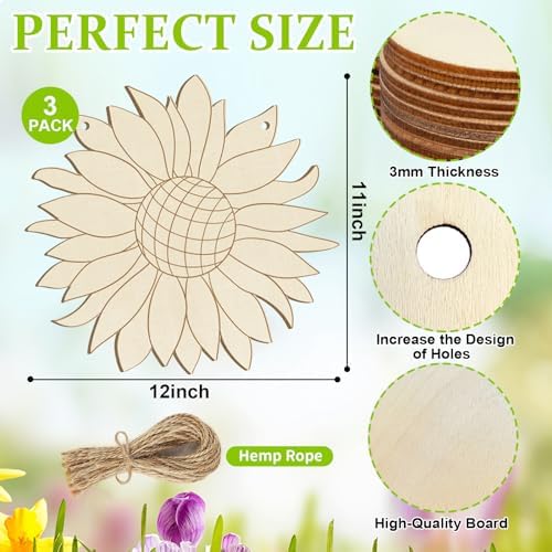 Large Size 12" Wooden Spring Ornaments to Paint, Flower Wooden DIY Blank Unfinished Round Wood Discs Ornament for Crafts Hanging Decorations(3PCS)