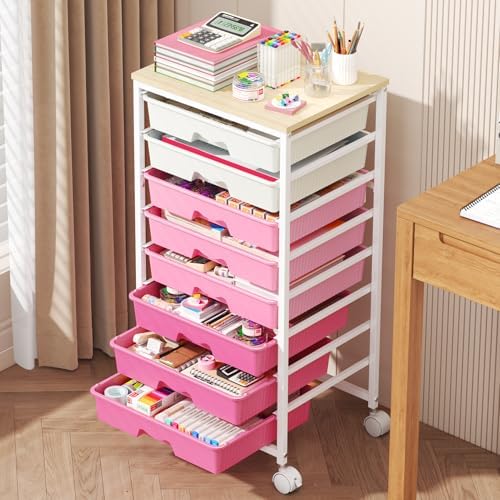Goovilla Rolling Cart with 8 Drawers for Art, Dorm, Office, Craft, Pink