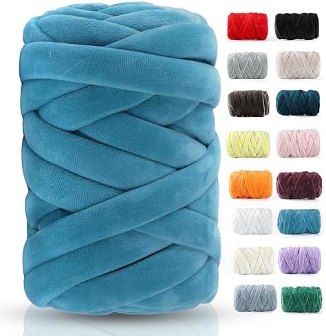 Chunky Yarn for Hand Knitting- Velvet Chenille Tube Yarns- Jumbo Yarns for Blankets, Pet Beds, Machine Washable (0.66 Lb/18.59 Yd), Easy No-Tool Arm Knitting & Crochet Project Yarn (Misty Blue)
