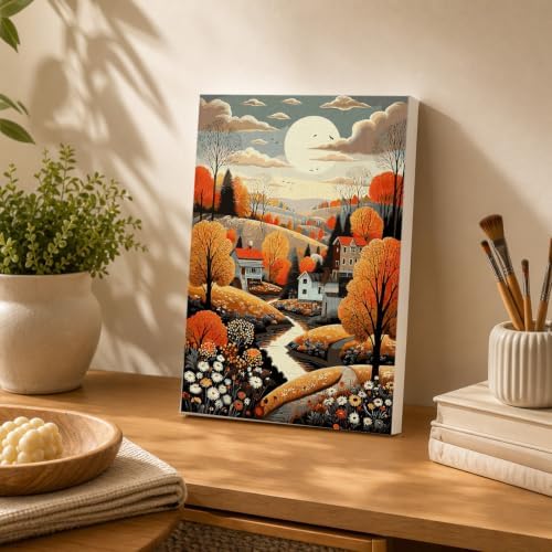 Spandrel Framed Paint by Numbers Kit for Adult Autumn Countryside, Adult Paint by Number Kits on Canvas Village Landscape, DIY Acrylic Oil Fall Painting by Numbers for Home Wall Decor, 8x12in