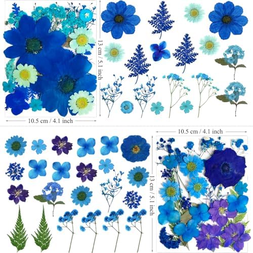 MIKIYA 94Pcs Blue Dried Pressed Flowers for Resin Molds, Assorted Real Natural Bulk Dry Floral Leaves for DIY Art Crafts, Epoxy Jewelry, Candle, Soap Making, Nails Decors Gifts