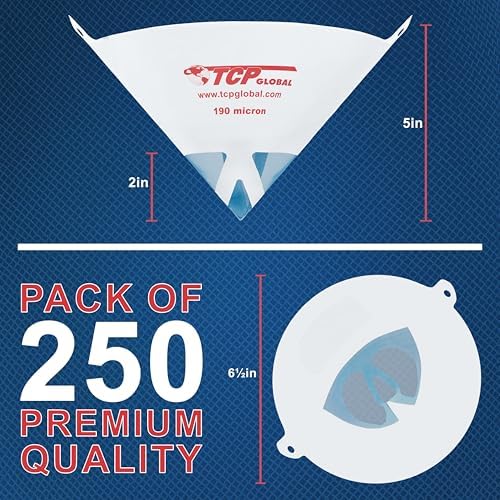 TCP Global - 190 Micron Filter Tips Ultra-Fine Paint Strainer, 250 Pack | Premium Pure Blue Nylon Mesh Cone Strainer - Paint Filter Cones for Auto, House & Hobby