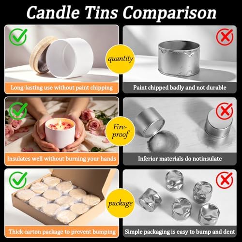 Candle Jars 8 Oz, Iron Empty Candle Tins, Candle Jars for Making Candles, Candle Jars with Lids, Small Tins with Lids, Tins for Candle Making, Small Items, Gift (White Metal Woodgrain Lid, 8oz-12pcs)
