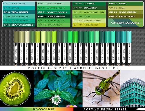 TOOLI-ART 22 Flexible Brush Tip Acrylic Paint Pens Markers Set 1-7mm Line for Rock Painting, Glass, Mugs, Wood, Metal, Canvas, Plastic. Non Toxic Waterbased Quick Drying Assorted Green