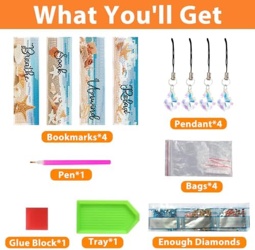 Mandun 4 Pcs Diamond Painting Bookmark Kits, Special Shaped Diamond Art Bookmarks with Pendant, DIY Beach Diamond Art Bookmarks with Tassels Crafts Gifts Supplies
