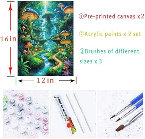 Lovepefe Mushroom Paint by Numbers Kit for Adults and Kids Beginner 2 Pack Mushrooms Forest Adult Paint by Number Kits On Canvas DIY Oil Painting Kits for Gift Wall Decor 12x16 Inch