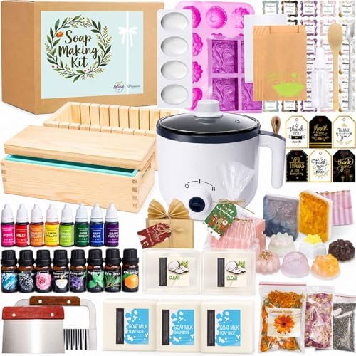 Soap Making Kit for Adults and Kids - Soap Making Supplies with Soap Melter, 5 lb Melt & Pour Soap Base, Soap Loaf Molds, Cutting Box, Silicone Molds, Essential Oil & Fragrances Beginner DIY Kits