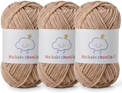 Skinny Chenille Yarn for Crocheting, 3 Pack of 1.75 oz/109 yds Amigurumi Yarn&Baby Yarn for Crocheting Soft, Fluffy Fingering Weight Velvet Yarn for DIY Crafts&Baby Blankets.(3 Light Coffee)