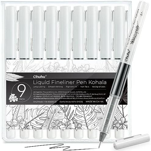 Ohuhu 9 Sizes Liquid Micro Fineliner Drawing Pens | Pigment Black Ink Water-proof Alcohol-proof Assorted Point Tips Smooth Writing Sketching Journaling Anime Artist Beginners