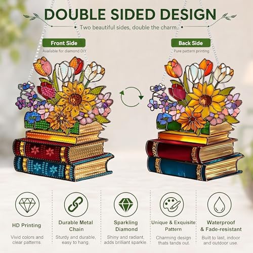 HMZephitiquc Flower Hanging Diamond Art Kits for Adults, Special Shaped Crystal Books Diamond Painting Suncatchers, 5D Gem Art, Sun Catchers DIY Craft Kits for Gift Home Decor