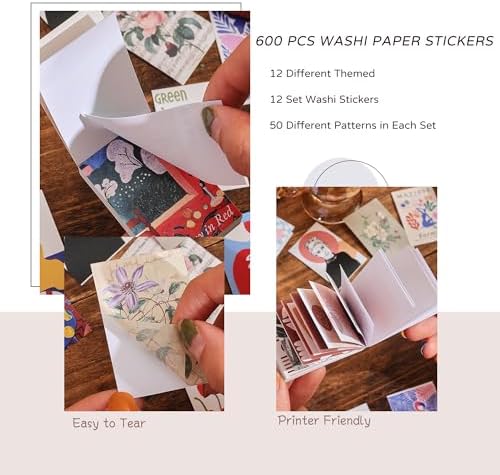 12 Sets 600 Sheets Washi Stickers for Journaling, Boho, Abstract, Vintage Scrapbook Sticker Set for Bullet Journal Art Diary Card Craft Gifts Planner Notebook