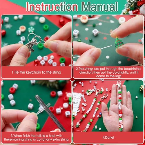 Tuhangcc 823 Pcs DIY Keychain Making Kit，Adjustable Letter Alphabet Beads Strings,Keychain Christmas Colors Pony Beads, 16 Charm Cards with Lobster Clasps & Strings for Christmas Favors