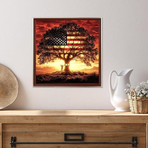 5D American Flag Diamond Painting Kits for Adults Beginners, DIY Full Round Drill Diamond Art Kits Patriotic Tree, Independence Day Gem Art Paint by Diamonds Dots Crafts Kits, Home Decor 12x12Inch