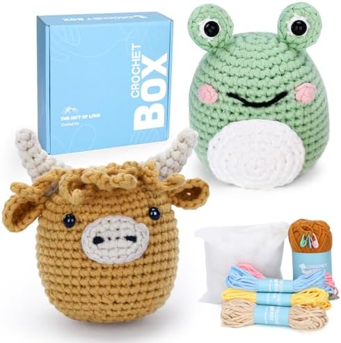 CrochetBox Crochet Kit for Beginner, Highland Cow and Frog Learn How to Crochet Stuffed Animals Gift for Adults and Teen(), Knitting Set with Yarn Hook Stitch-by-Stitch Video Tutorial