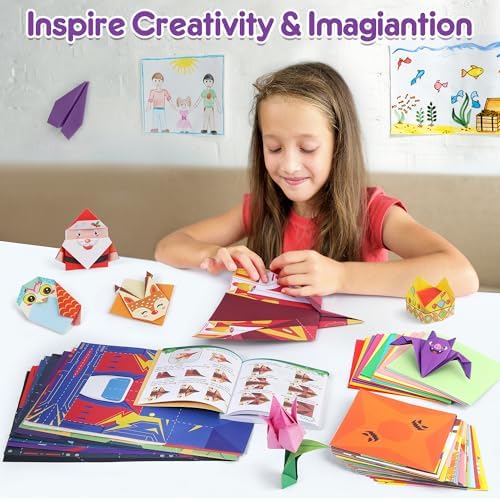 Mocoosy 320 Sheets Origami Kit for Kids Ages 5-8 9-12, Folding Paper Set with Origami Book & Paper Airplane, DIY Art Craft Project for Boys Girls, Travel Game Airplane Car Road Trip Activity Toy Gift