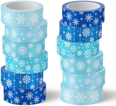 Whaline 12 Rolls Winter Washi Tape Blue Snowflake Theme Washi Tape Masking Decorative Party Gift Warp Paper Tape for Christmas Winter Decor DIY Craft Scrapbook Party Favor Supplies
