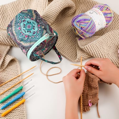 Mini Yarn Storage Small Size Yarn Bag for Crocheting with Holes,Empty Round Knitting Tote Bags protable Yarn Holder,Perfect for Travel,Beginner & Crocheter(Vintage Flower)