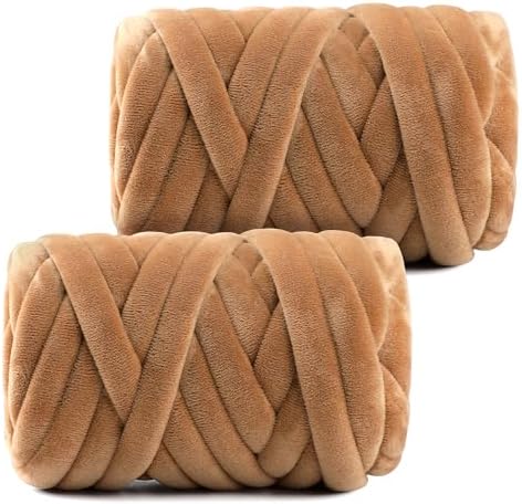 Chunky Yarn for Hand Knitting- Velvet Chenille Tube Yarns- Jumbo Yarns for Blankets, Pet Beds, Machine Washable (0.66 Lb/18.59 Yd), Easy No-Tool Arm Knitting & Crochet Project (2, Caramel)