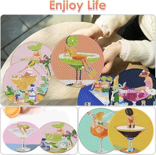ijbnhd 8 Pcs Cocktail Diamond Art Coasters Kits, 4x4 inch (Cork Wooden Pad)