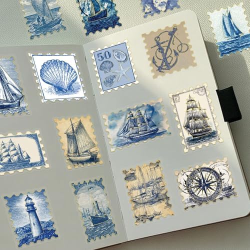 50PCS Travel Stamp Stickers, Gold Foil Scrapbook Supplies | Waterproof Vintage Travel Stickers for Journal,Planner,DIY Craft,Diary, Water Bottle,Laptop