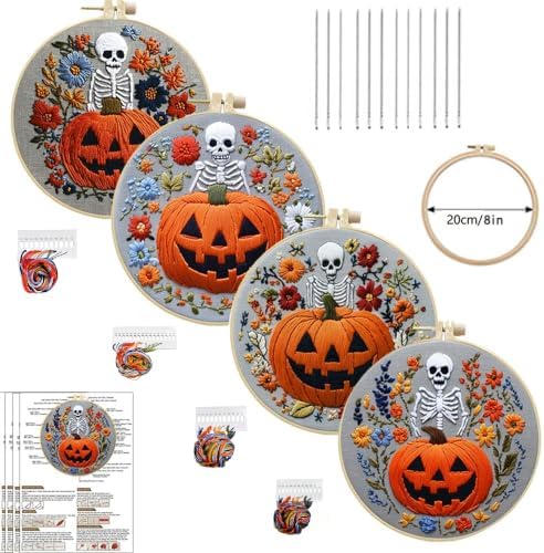 4 Sets Embroidery Kit for Adults, Skull Pumpkin Embroidery Practice Kit