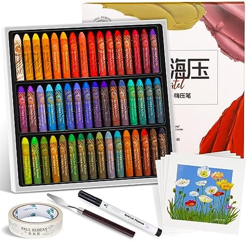 Paul Rubens Oil Pastel Set, Artist Oil Pastels, Oil Art Kit, Includes 48 Brightly Colored HAIYA Soft Oil Pastels + 1 Palette Knife+ 1 Roll of Masking Tape+ 1 Acrylic Marker + 10 Oil Pastel Paper