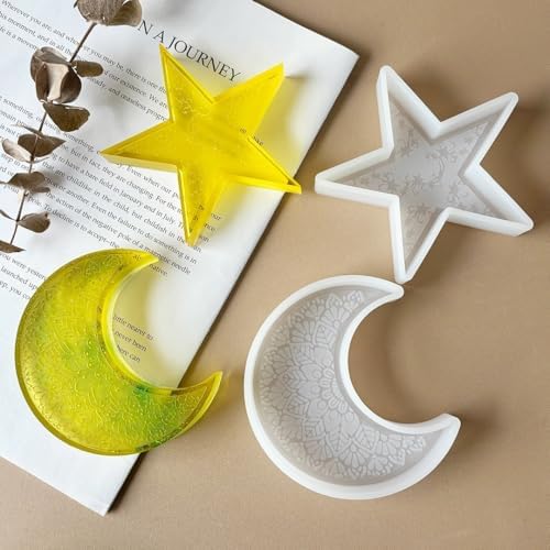 Konrisa 2pcs Star Moon Candle Molds, Silicone Resin Casting Mold for Candles Making Aromatherapy Candles Handmade Wax Home Decoration