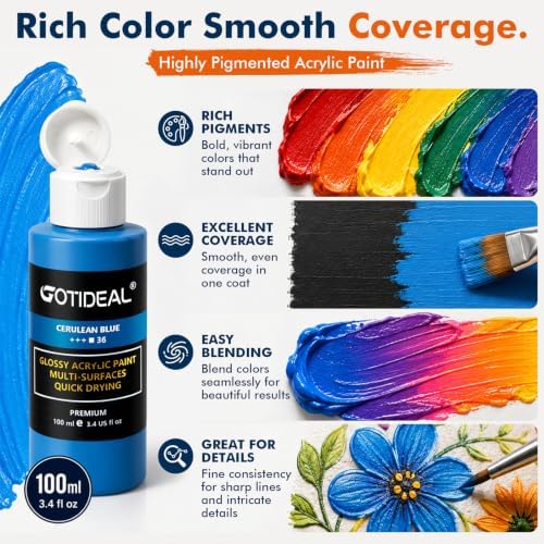 GOTIDEAL Acrylic Paint Set, 18 Colors Outdoor Acrylic Paint (100m,3.4 oz) | with 10 Brushes, Non-Toxic Waterproof Art Paints for Canvas, Wood, Rocks, Craft Supplies for Artists & Beginners