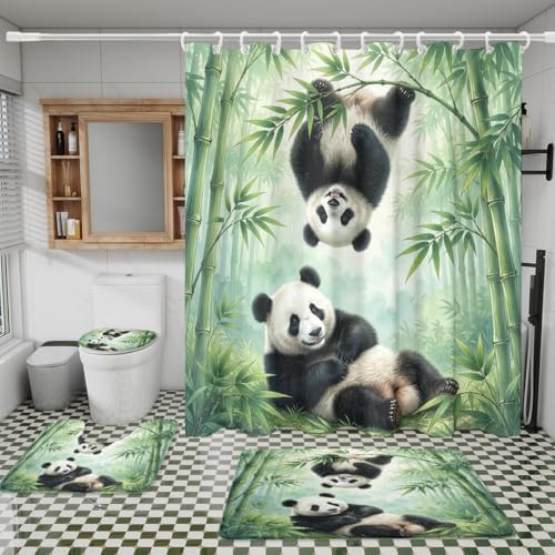 Oil Painting Animal Panda 4Pcs Shower Curtain Sets,Watercolor Spring Forest Bamboo Trees Bathroom Decor Set,Funny Cute Panda Bears Toilet Lid Rug, Bath Mat and Contour Mat