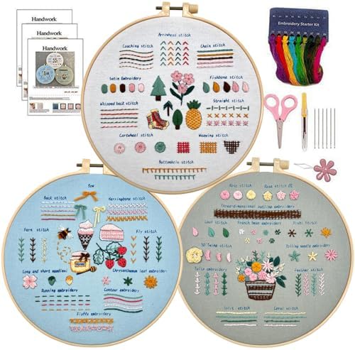 Gocomcom Embroidery Kit for Beginners, 3 Sets Cross Stitch Kits for Adults, Learn 33 Core Stitches, Needle Point Kits with Step-by-Step Instructions, DIY Craft Hobby Supplies for Women