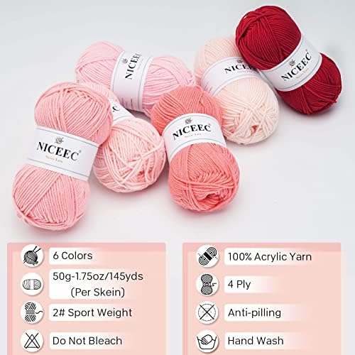 NICEEC 300g Soft Assorted Colors Yarn 100% Acrylic 870yds -Pink Series