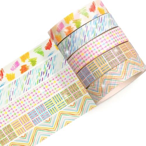 Cute Pattern Washi Tape Set 5 Rolls Glitter Cover Decorative Wide Kawaii Masking Tapes for Arts, DIY Crafts, Journals, Planners, Scrapbook, Wrapping (4 Color Lines)
