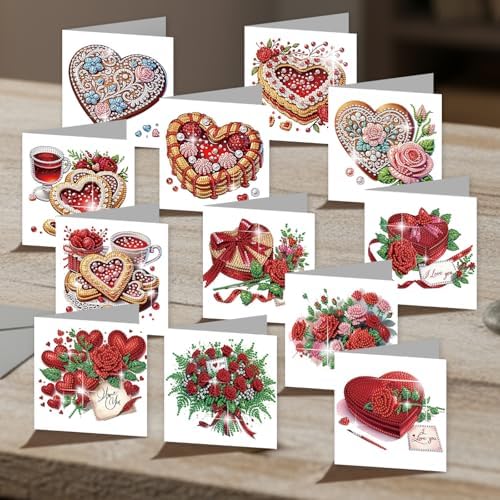 12pcs Diamond Art Painting Cards Valentine's Day Heart Rose Kit