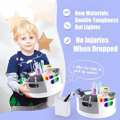 Rotating Art Supply Organizer Storage Caddy for Kids, 7 Bins Craft Crayon Marker Organizers for School Desk, Lazy Susan Pencil Holder for Classroom Organizations (gray and white)