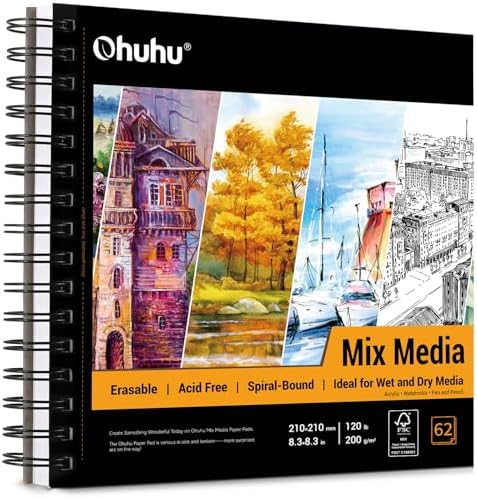 Ohuhu 8.3"x8.3" Mix Media Pad Art Sketchbook 62 Sheets for Painting Drawing | Square Sketch Book - 120 LB/200 GSM Heavyweight Paper - Spiral-Bound Mixed Media Paper for Watercolor Acrylic Christmas Gift