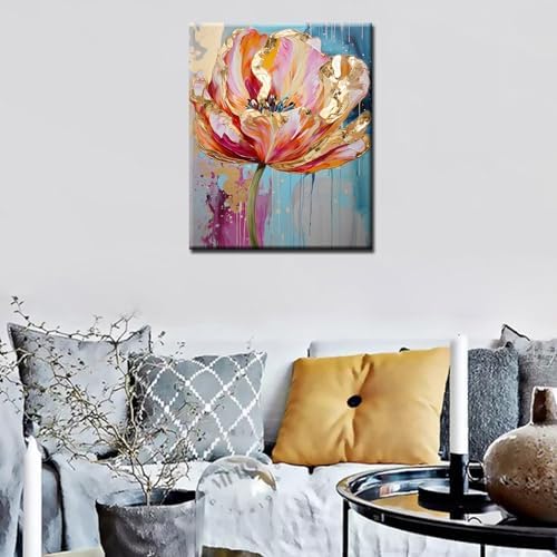 Aihonmin Beautiful Floral Paint by Number for Adult and Kids Beginner,Pink Petal Canvas Oil Painting Kit Digital Painting,Vintage Watercolor Living Room Decoration,(Without Frame